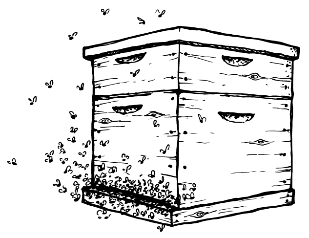 Illustration depicting man-made beehive and bees entering and exiting the hive